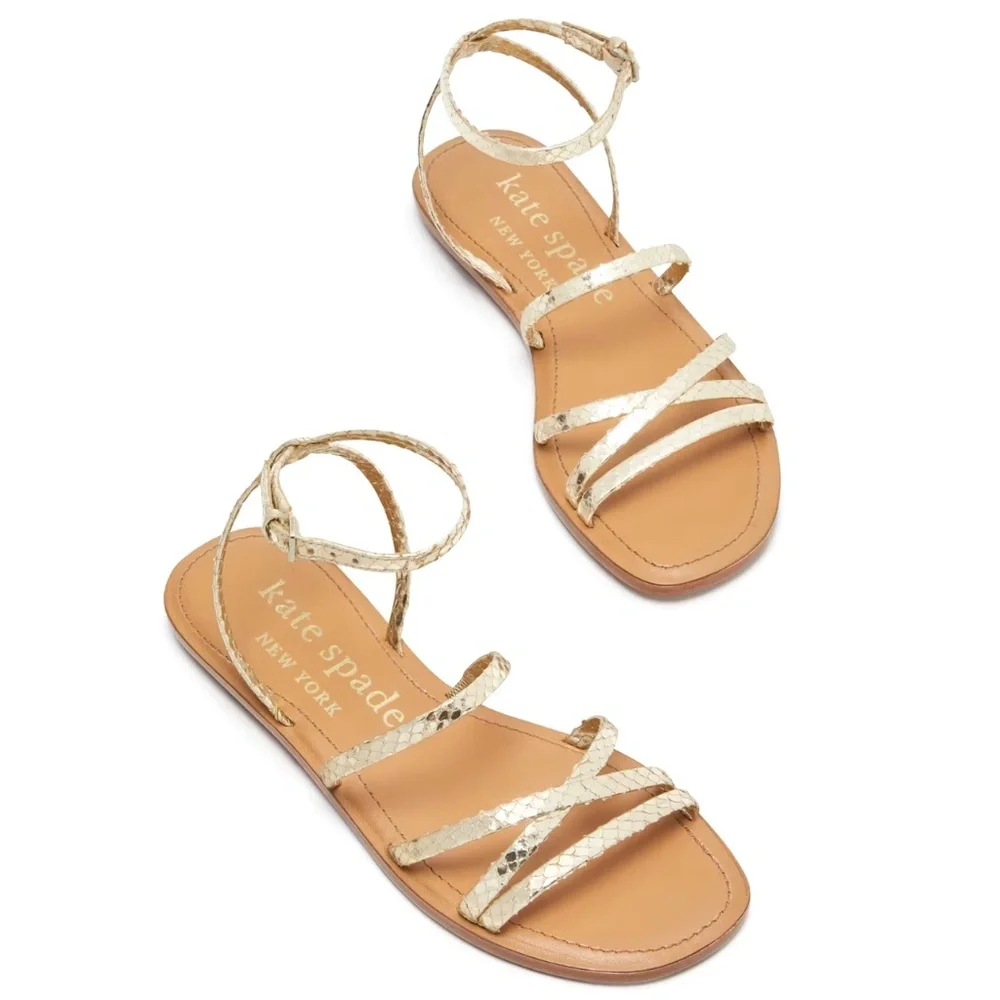 Kate Spade Womens Cove Metallic Gold Snake Leather Flat Ankle strap Sandals 6.5 - Picture 4 of 14